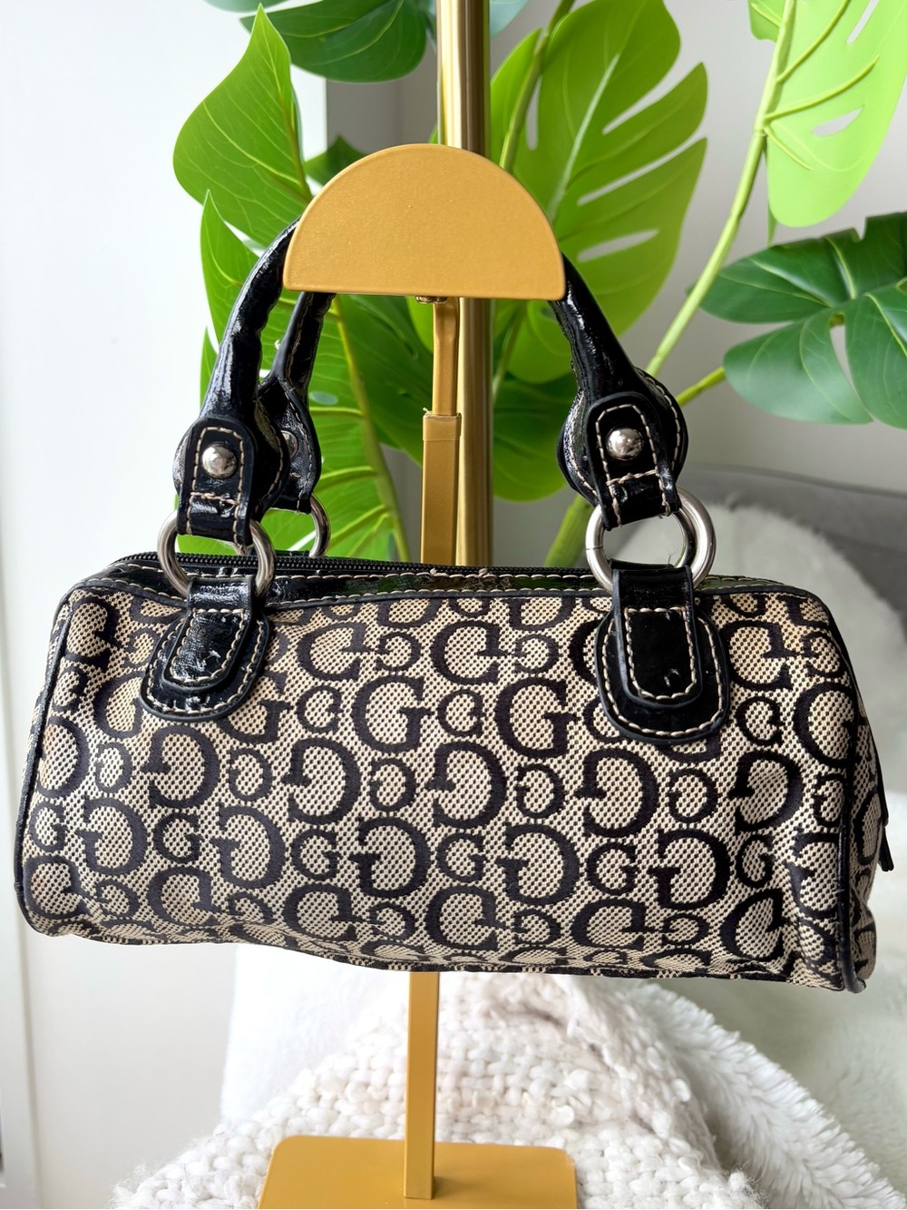 RARE Vintage Y2K GUESS Gloss Mini Monogram Bowler Bag Ostrich McBling - Picture 6 of 13